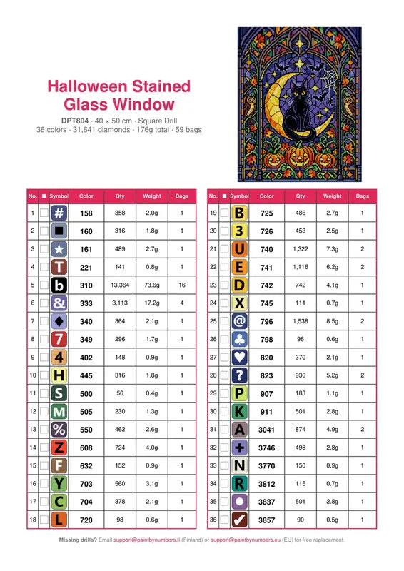 Halloween Stained Glass Window timanttimaalauksen värikartta – 36 DMC-väriä