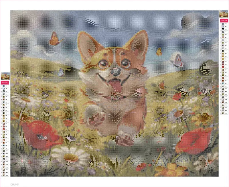 Happy Corgi in Field timanttimaalauksen liimapintainen canvas 50x40cm