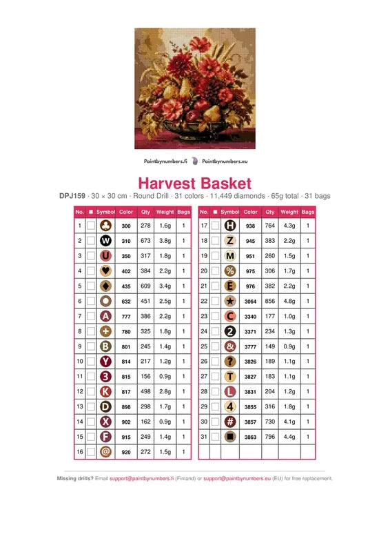 Harvest Basket timanttimaalauksen värikartta – 31 DMC-väriä