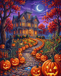 Thumbnail for Timanttimaalaus halloween-talo, kurpitsalyhdyt, musta kissa ja syksyinen maisema.
