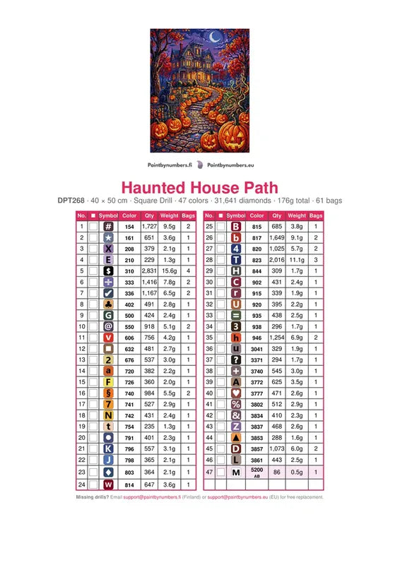Haunted House Path timanttimaalauksen värikartta – 47 DMC-väriä