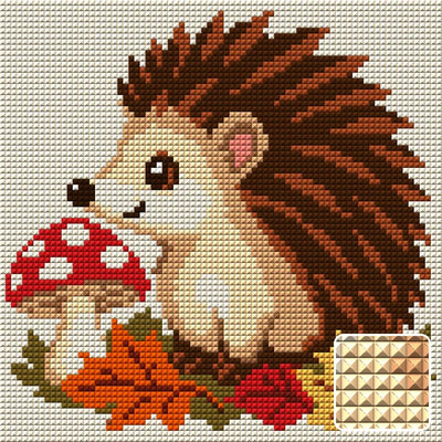 Hedgehog and Mushroom, 20x20 cm timanttimaalaus – lopullisen kuvion esikatselu ja lähikuva neliönmuotoisista timanteista