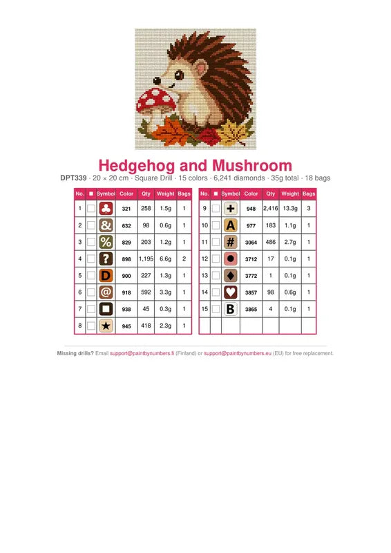 Hedgehog and Mushroom timanttimaalauksen värikartta – 15 DMC-väriä