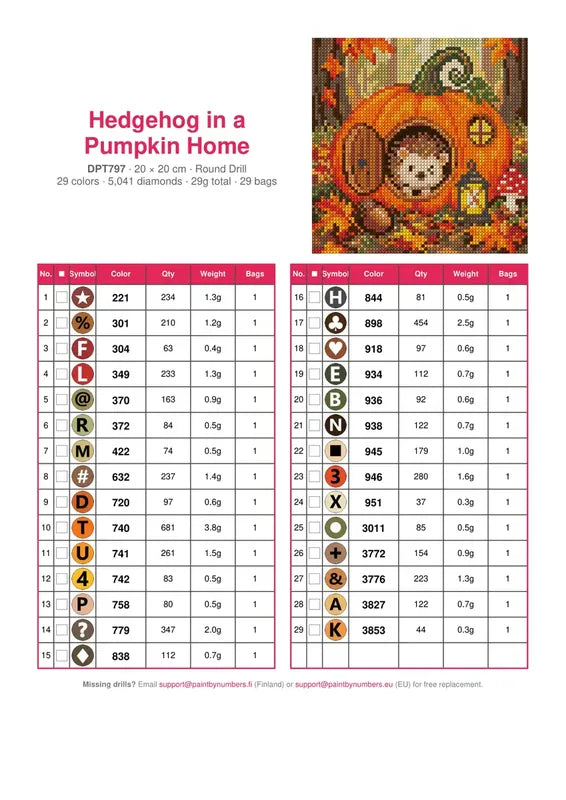 Hedgehog in a Pumpkin Home timanttimaalauksen värikartta – 29 DMC-väriä
