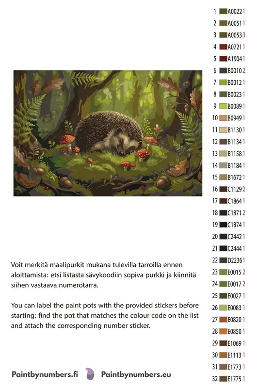 Värikartta ja ohjeet - Hedgehog Sleeping in Forest 60x40cm