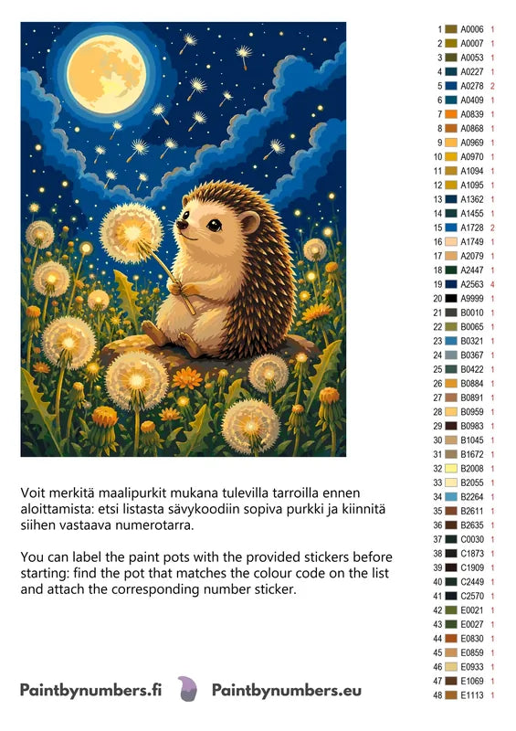 Värikartta ja ohjeet - Hedgehog with Dandelions 60x80cm