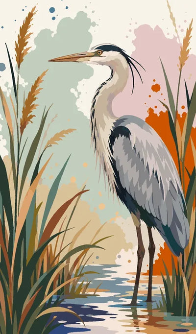 Harmaahaikara kaislikossa numeromaalaus. 40x70cm kangas.