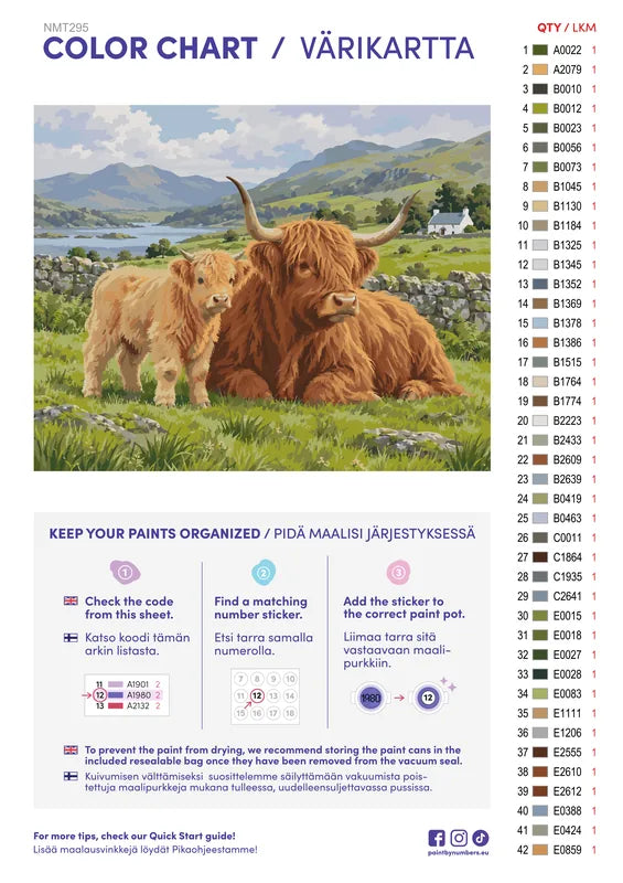Numeromaalaus: Värikartta ja ohjeet - Highland Cow and Calf at Rest 50x40cm