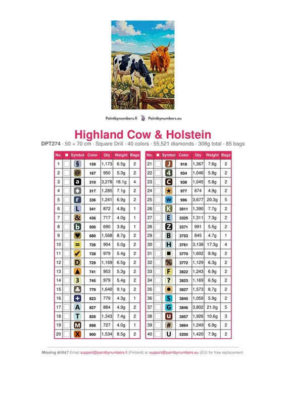 Highland Cow & Holstein timanttimaalauksen värikartta – 40 DMC-väriä