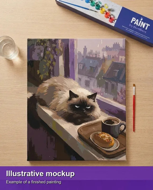 Valmiin numeromaalauksen havainnekuva - Himalayan Cat and Coffee 40x50cm