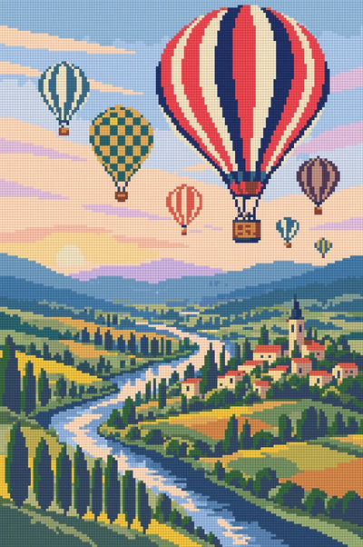Kuumailmapallot jokilaakson peltotilkkujen yllä, 40x60 cm timanttimaalaus – lopullisen kuvion esikatselu