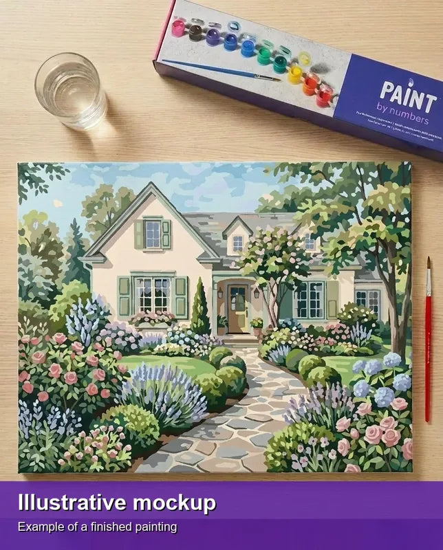 Valmiin numeromaalauksen havainnekuva - House with Flower Garden 50x40cm