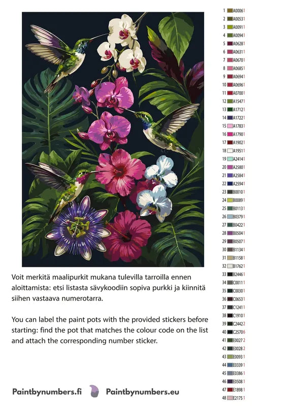 Värikartta ja ohjeet - Hummingbirds and Orchids 50x70cm