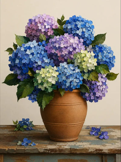 Timanttimaalaus hortensia-asetelmasta saviruukussa, siniset ja violetit kukat.
