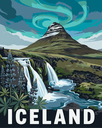 Thumbnail for Islanti travel poster numeromaalaus, vesiputous ja vuoret
