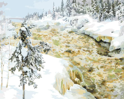 Numeromaalaus Gallen-Kallelan teoksesta Imatra talvella: kuohuva koski lumisten kuusten ja kinosten välissä.