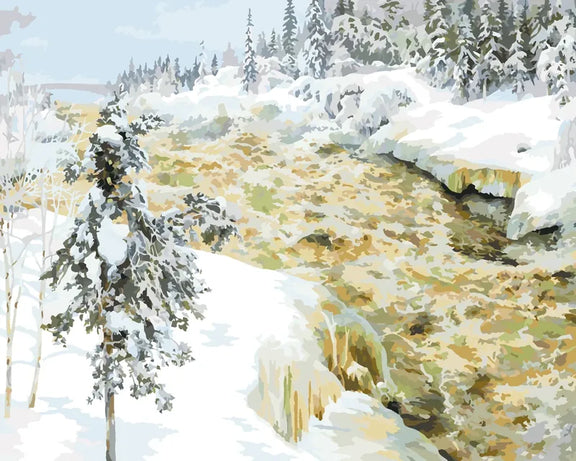 Numeromaalaus Gallen-Kallelan teoksesta Imatra talvella: kuohuva koski lumisten kuusten ja kinosten välissä.
