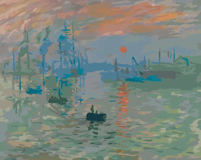 Numeromaalaus Monet’n teoksesta Impressio, auringonnousu: soutuvene usvaisessa satamassa oranssin auringon alla