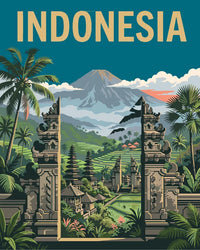 Thumbnail for Indonesia travel poster numeromaalaus, temppeli ja vuoret