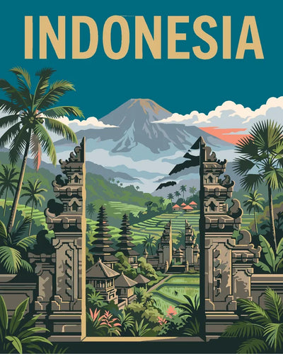 Indonesia travel poster numeromaalaus, temppeli ja vuoret