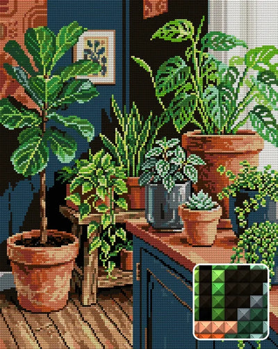 Indoor Greenery Collection, 40x50 cm timanttimaalaus – lopullisen kuvion esikatselu ja lähikuva neliönmuotoisista timanteista