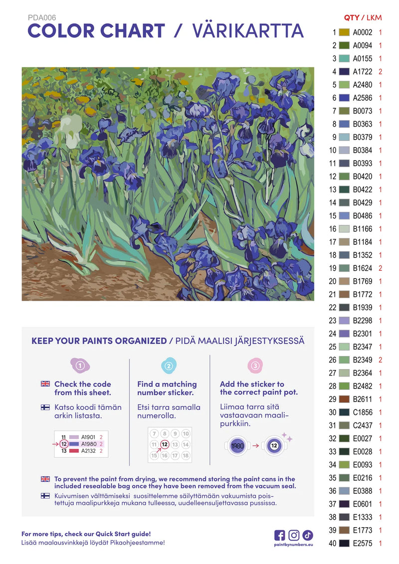Paint by numbers color chart - Irises - väriluettelo ja ohjeet