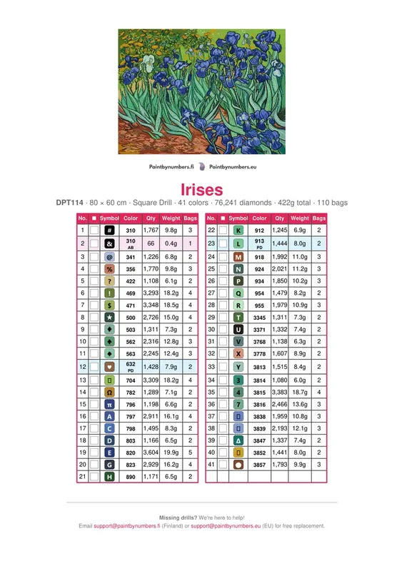 Irises timanttimaalauksen värikartta – 41 DMC-väriä