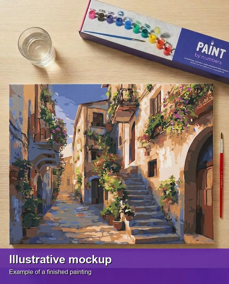 Valmiin numeromaalauksen havainnekuva - Italian Flower Street 50x40cm