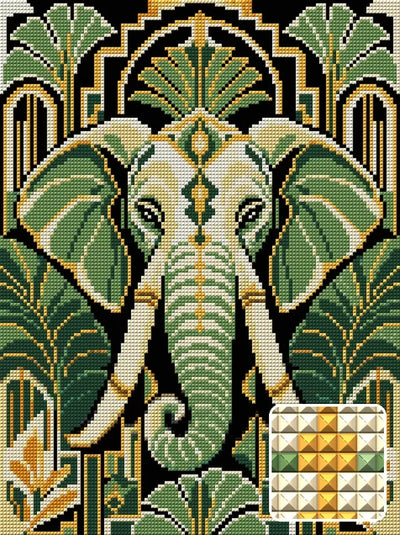 Ivory Trunk Art Deco, 30x40 cm timanttimaalaus – lopullisen kuvion esikatselu ja lähikuva neliönmuotoisista timanteista