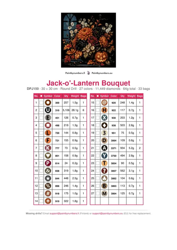 Jack-o'-Lantern Bouquet timanttimaalauksen värikartta – 27 DMC-väriä