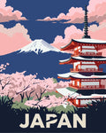 Thumbnail for Japani travel poster numeromaalaus, temppeli, kirsikankukat ja vuoret