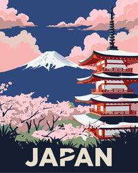 Thumbnail for Japani travel poster numeromaalaus, temppeli, kirsikankukat ja vuoret