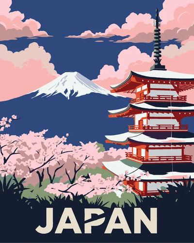 Japani travel poster numeromaalaus, temppeli, kirsikankukat ja vuoret
