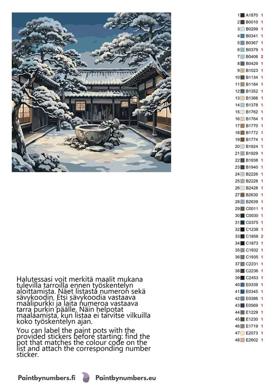 Värikartta ja ohjeet - Japanese Courtyard in Snow 50x50cm