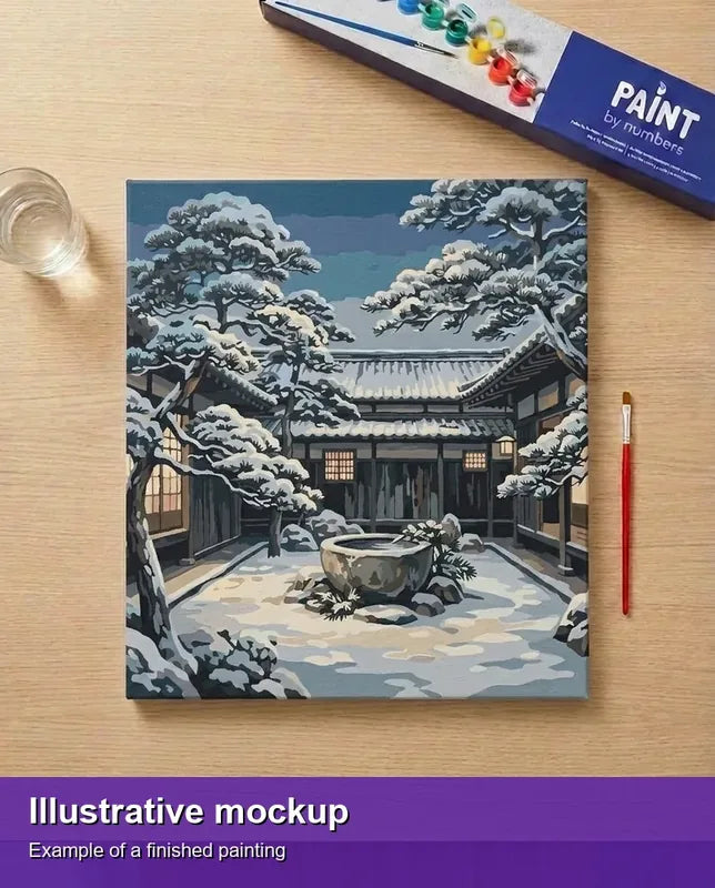 Valmiin numeromaalauksen havainnekuva - Japanese Courtyard in Snow 50x50cm