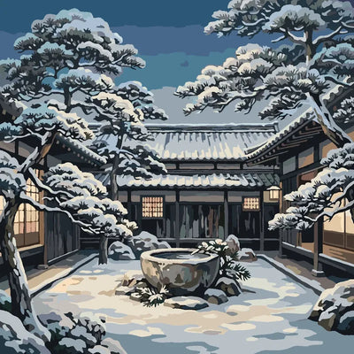 Japanilainen piha lumisessa yössä numeromaalaus.