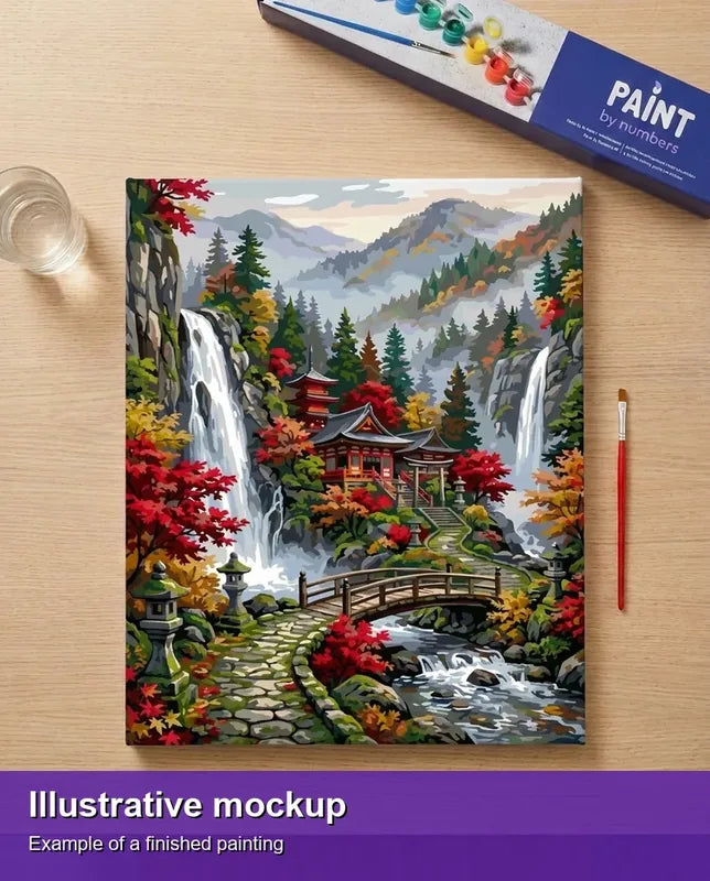 Valmiin numeromaalauksen havainnekuva - Japanese Garden with Waterfalls 40x50cm
