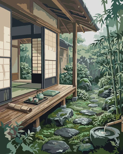 Japanilainen talo ja puutarha numeromaalaus, kivipolku ja bambua.