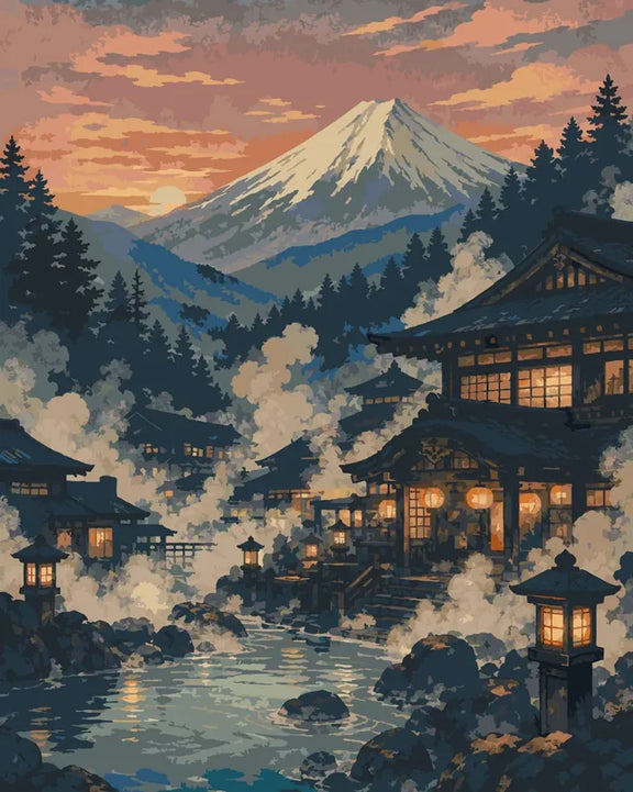 Japanilainen onsen, höyryävä vesi ja vuori numeromaalaus.