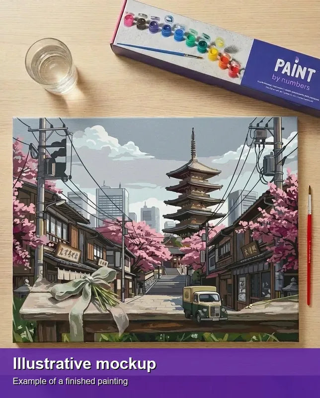 Valmiin numeromaalauksen havainnekuva - Japanese Street with Pagoda 50x40cm