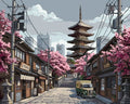 Thumbnail for Japanilainen katu, pagodi ja kirsikkapuut numeromaalaus.