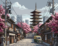 Thumbnail for Japanilainen katu, pagodi ja kirsikkapuut numeromaalaus.