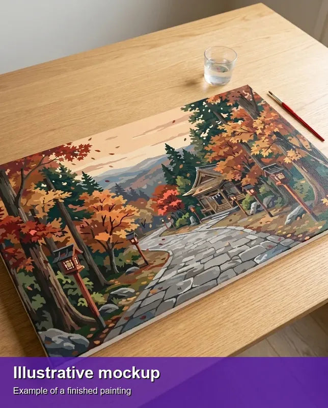 Valmiin numeromaalauksen havainnekuva - Japanese Temple Autumn Path 70x40cm
