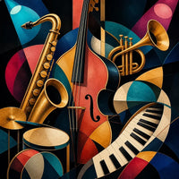 Thumbnail for Timanttimaalaus abstrakteista jazz-soittimista värikkäässä sommitelmassa.