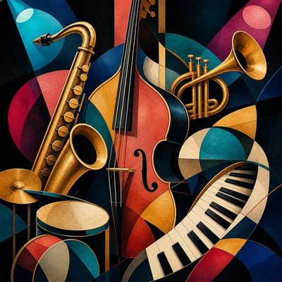 Timanttimaalaus abstrakteista jazz-soittimista värikkäässä sommitelmassa.