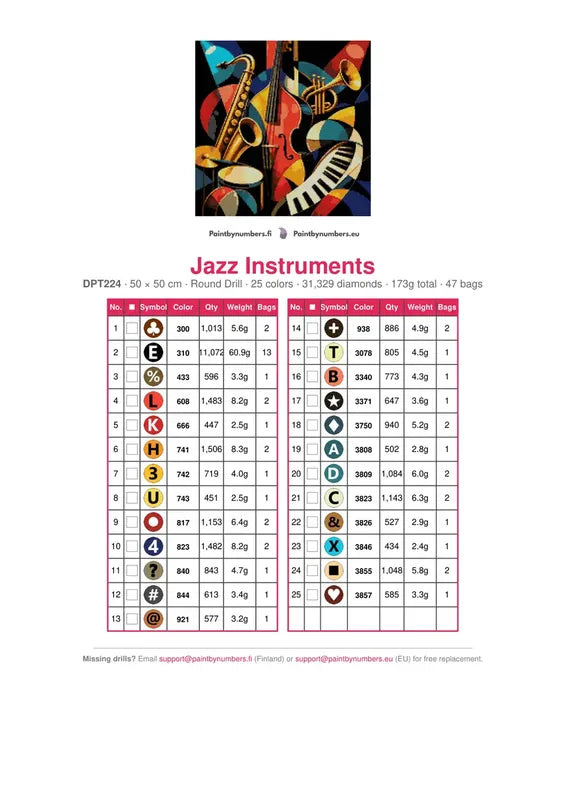 Jazz Instruments timanttimaalauksen värikartta – 25 DMC-väriä