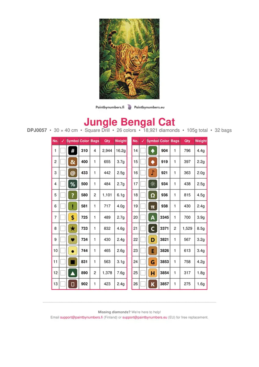 Jungle Bengal Cat timanttimaalauksen värikartta – 26 DMC-väriä