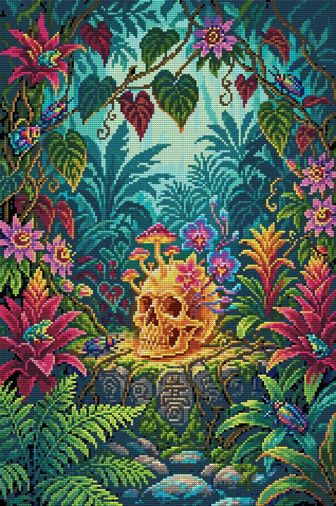 Jungle Skull With Flowers, 40x60 cm timanttimaalaus – koko kuvion esikatselu ilman lähikuvaa