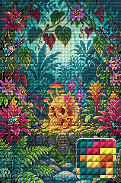 Jungle Skull With Flowers, 40x60 cm timanttimaalaus – lopullisen kuvion esikatselu ja lähikuva neliönmuotoisista timanteista
