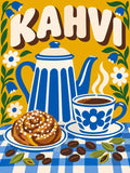 Thumbnail for Kahvipannu, kahvikuppi ja pulla numeromaalaus. Retrokuvioinen, värikäs asetelma.